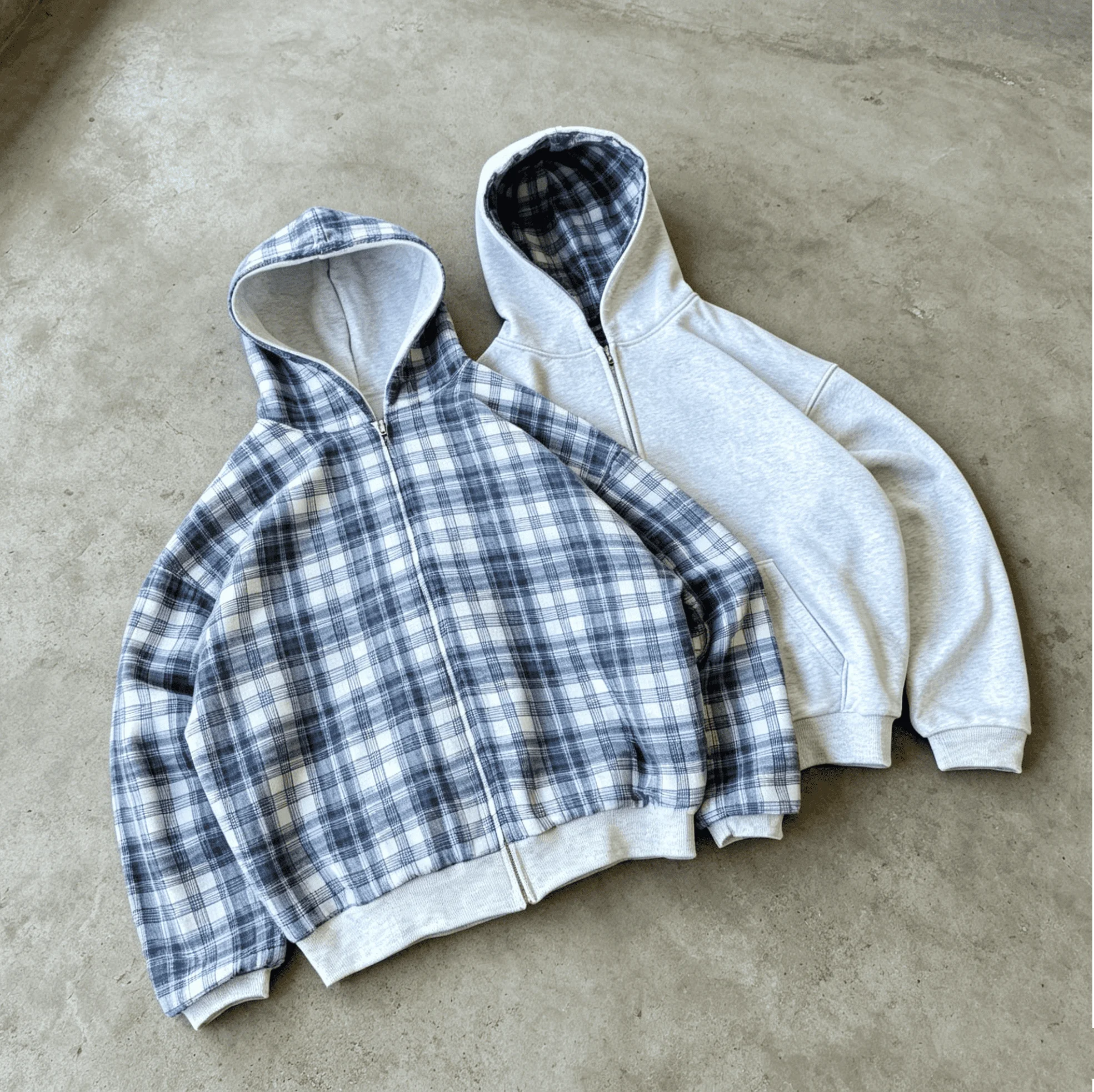 Custom Made Men's Reversible Flannel Checked Dropped-Shoulder Oversized Double-Zip Hoodie Y2K Streetwear gallery 5