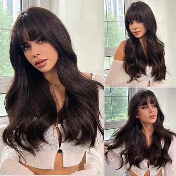 Nice Long Curly Synthetic Hair Wigs Ready-Made Wavy Wigs for Women Black Vendor's Cheap Bangs
