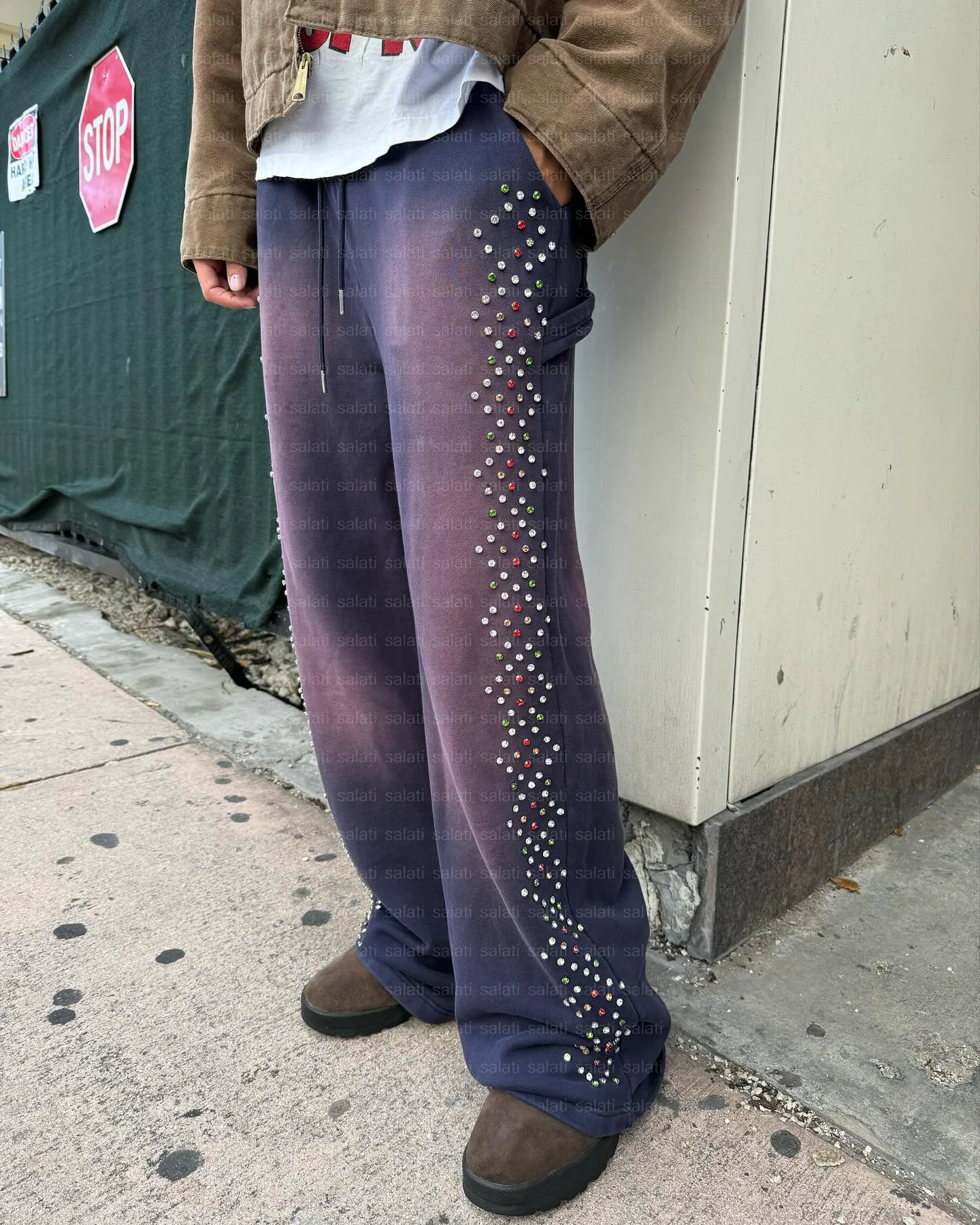 Custom Joggers Sweat Pants Men Crystal Rhinestone Oversized Straight Leg Cotton French Terry Baggy Acid Wash Flared Sweatpants gallery 4