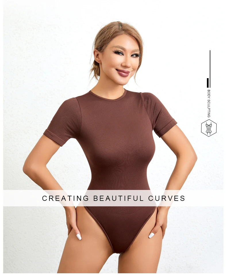 Custom Gym Women Round Neck Seamless Sleeved Thong Panties Tummy Control Shapewear Bodysuit Underwear Waist Trainer Shaper details