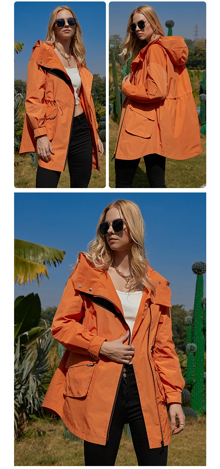 Customized Spring Trench Coat Hooded Women Orange Fashion Midlength