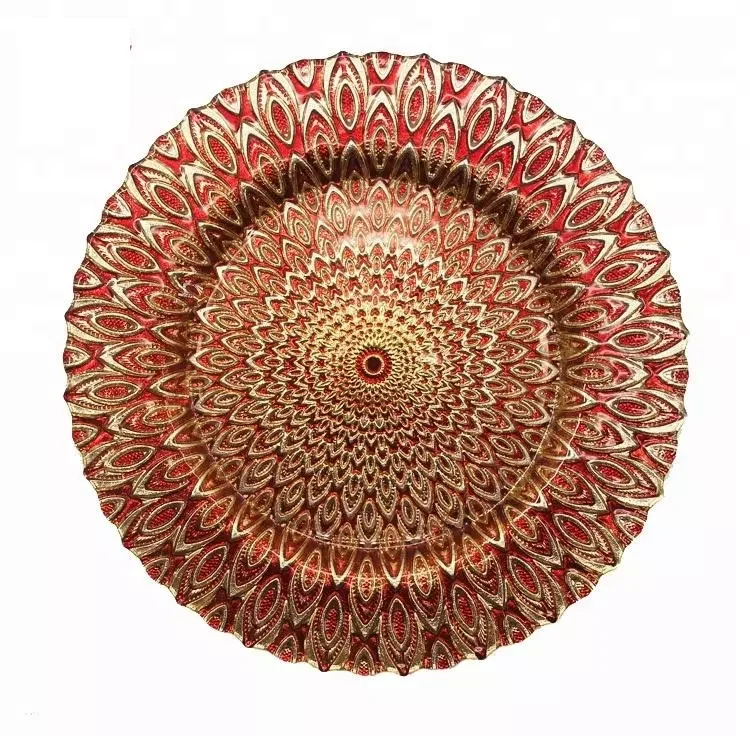 Factory Wholesale Luxury Peacock Feather Green UnderPlate Arabian Royal Green Fruit Platter Design Wedding Glass Charger Plate