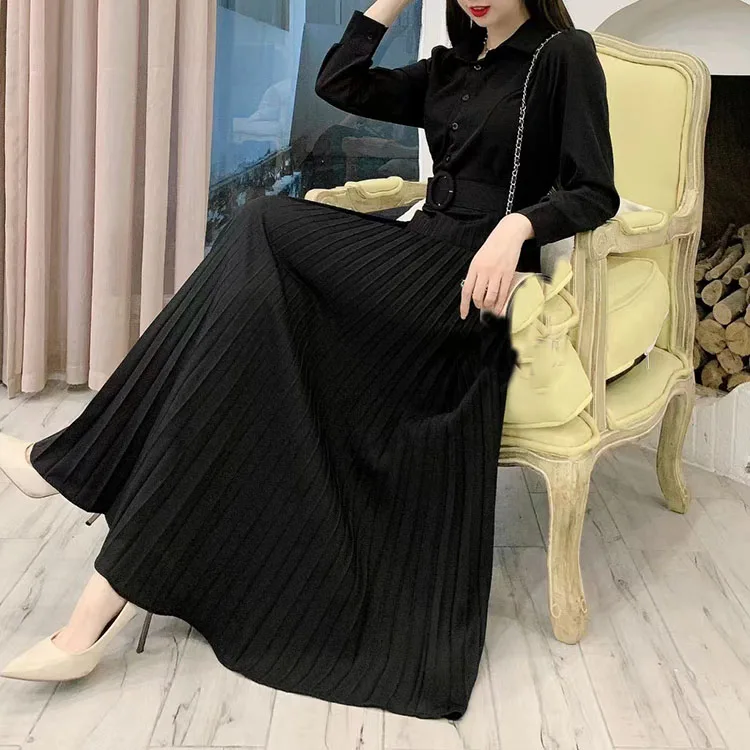 Plain Long Sleeve Button Front Pleated Maxi Dress With Belt Women's ...
