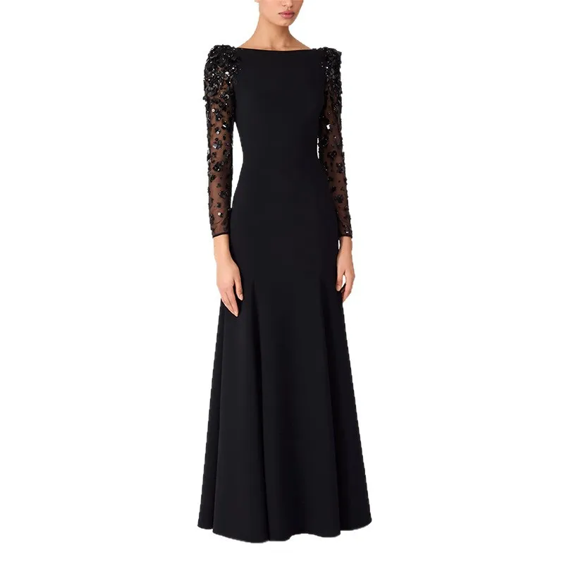 In Stock Celebrity Formal Empire Waist Evening Gown Long Dress 2026 New Mesh Patchwork Heavy Beading Rhinestone Slim Fit