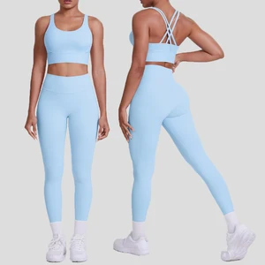 High Quality Cross Back Shoulder Straps Yoga Set Breathable Solid Color Sport Pants Sexy Running Fitness Shorts with Front Logo