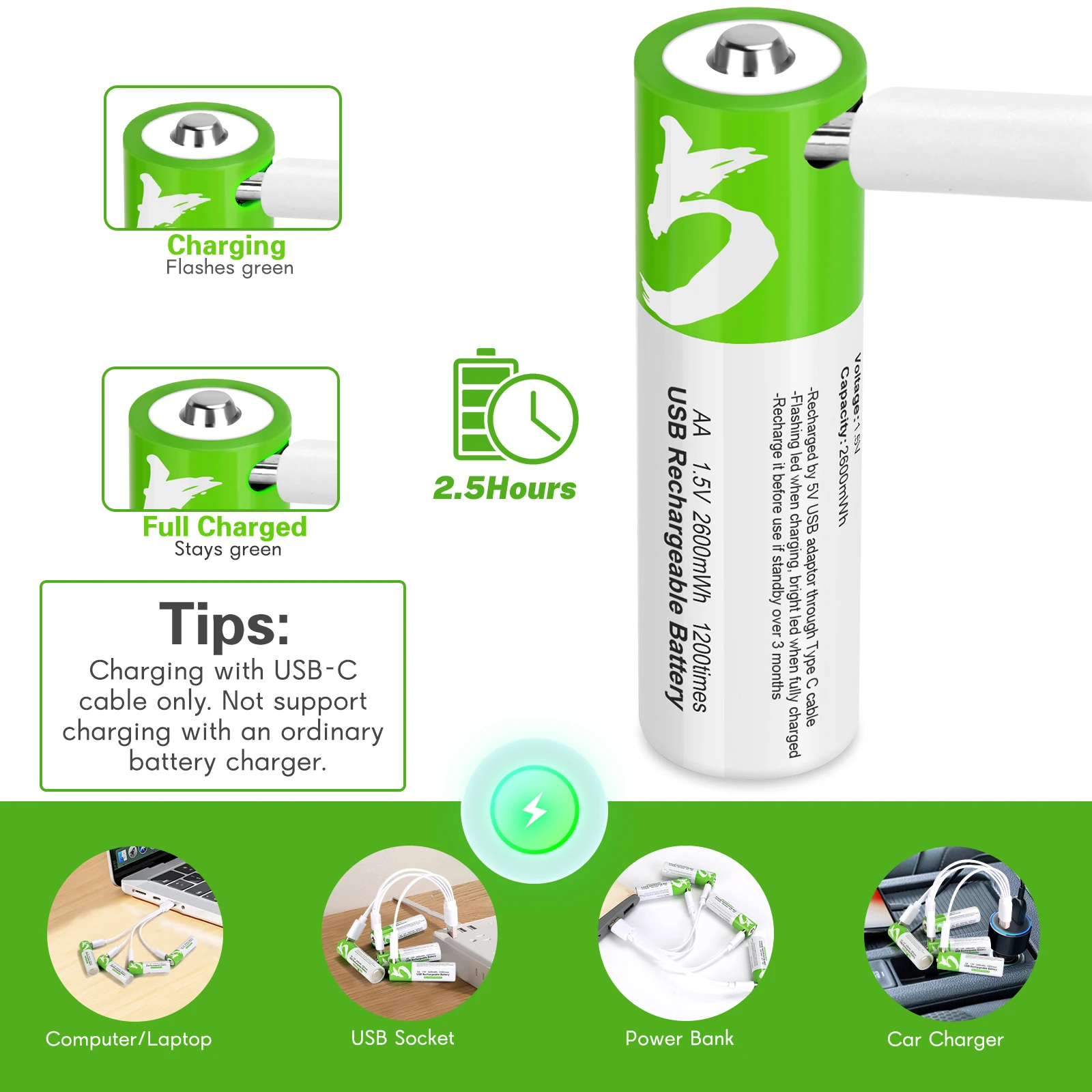 Long Lasting USB-C AA Rechargeable Battery 1.5V 2600mWh 1733mAh Double ...