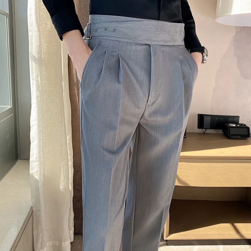 Italian Style Mens Naples Trousers High Waist Side Buckle Pant Fitness Double Pleated Mens Business Dress Pants