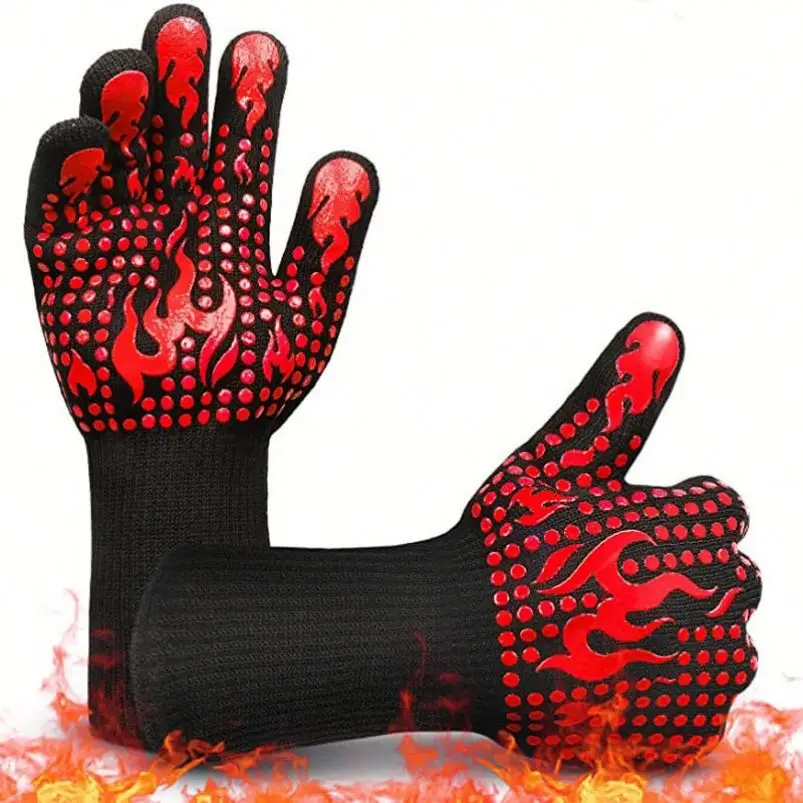 OEM ODM Factory Stock Durable Eco-Friendly High Temperature Resistant Silicone BBQ Grill Gloves Fireproof Anti-Scald Oven Mitts