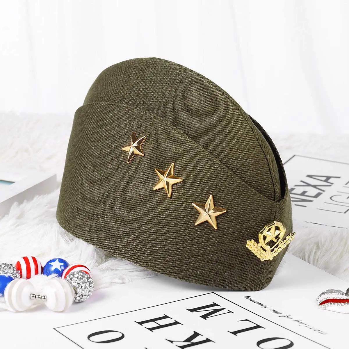 4729 Flight Attendant Hat Three Stars Wheat Berets Cap Sailor Cap Dancing Hat Nautical Sailor Hat Three Stars Wheat Stewardess Hat Airline  main image 2