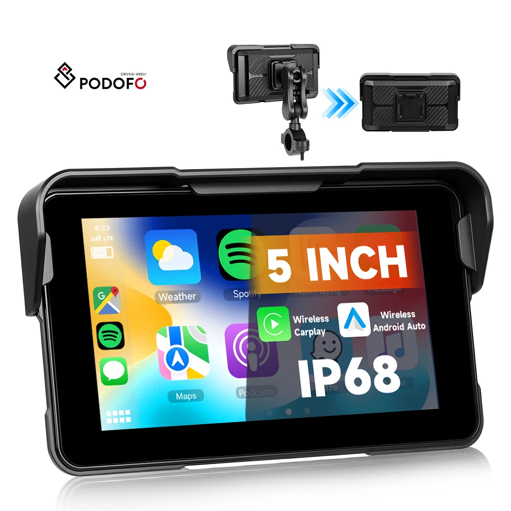 Podofo 5 inç Taşınabilir Motosiklet IPS Ekranı, Kablosuz CarPlay/Android Auto BT, IP68 Su Geçirmez, Kolay ve Hızlı Açılabilir ODM/OEM A4203
