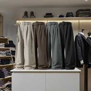 Men's Casual Mid Denim Straight Woven Old Money Style Trousers Three-dimensional Pleated Draping Solid Autumn Profile Medium