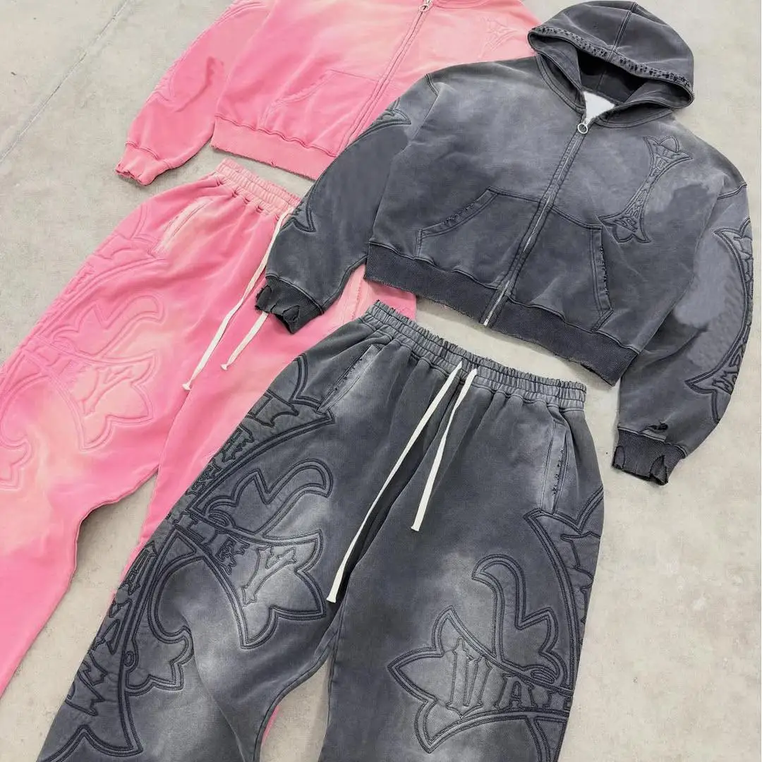 Tilpasningsvenlig streetstyle-tracksuit med hoodie i 100 % bomuld med broderi/distressed-håndværksdesign; andre tilpasningsmuligheder tilgængelige