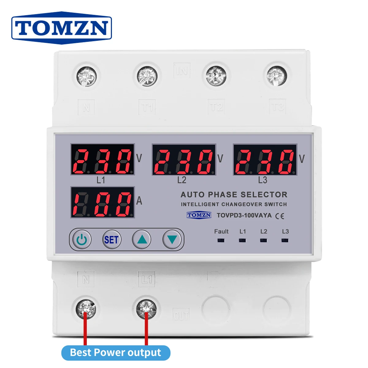 100A TOMZN 3 Phase 3P+N Din Rail Phase Selector Adjustable Over and Under Voltage Current protection Monitor Relays Protector