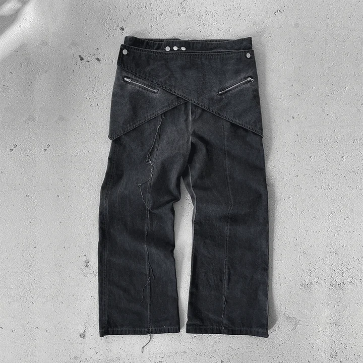 For Y2K High Waist Stone Wash Double Layer Detachable Skirt Vintage Denim Pants Baggy Trousers Flared Jeans Button Winter Men gallery 8