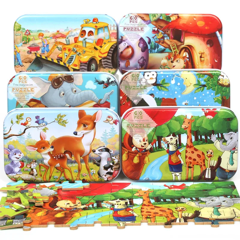 Wholesale Iron Box 60pcs Kids Cartoon Custom Wooden Jigsaw Puzzle Buy 60 Pieces Wooden Puzzle Toys Cartoon Animal Wood Puzzles Early Educational Learning Toys For Children Christmas Gift 60pcs Wooden Iron Box