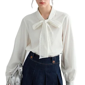 Custom High Quality  Blouses & Shirts Casual Fall White Blouse Elegant Jacquard Lace Ribbon Bow Blouse