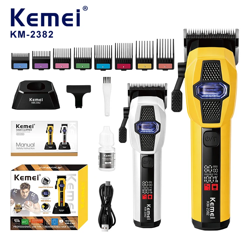 Tondeuse à cheveux sans balai KEMEI Km-2382, moteur externe à 8000 tr/min, 2 vitesses réglables, lame en céramique, batterie de 2500 mAh, station de chargement, tondeuse professionnelle pour barbiers
