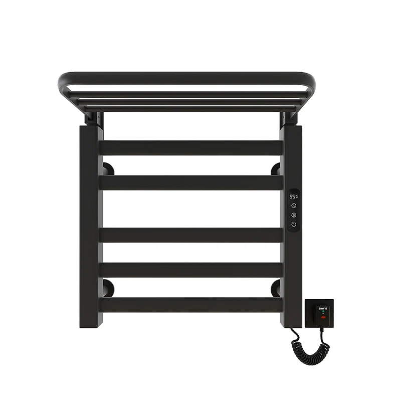 2024 New Design Adhesive Electric Towel Heater Drying Rack Bathroom Waterproof Heated Black Towel Rack Shelf