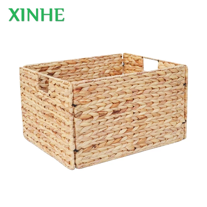 XH Rectangular Hand Woven Foldable Folding Nature Water Hyacinth Storage Basket with Handles