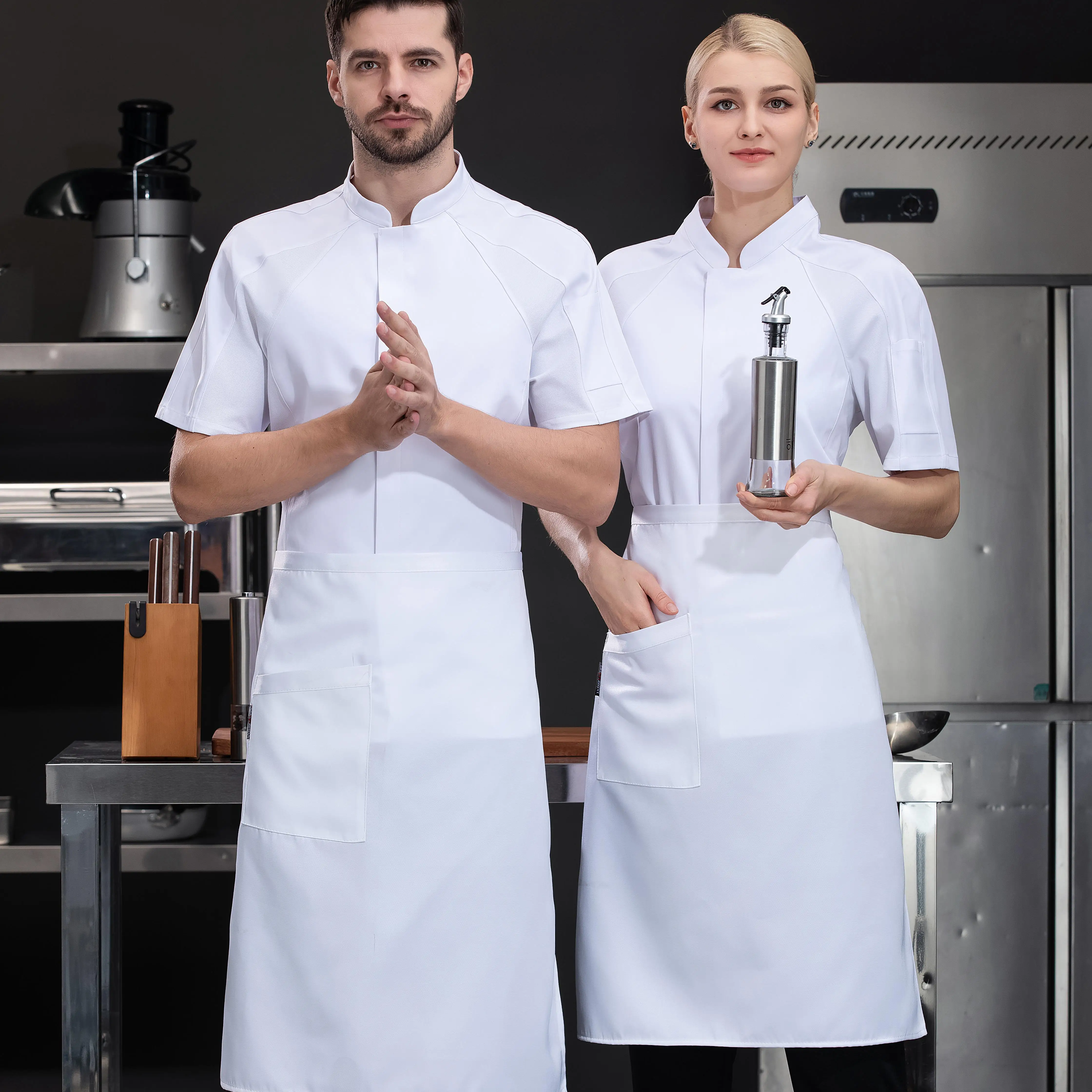 Single Breasted Button Design Chef Uniform Gold Color Full Fashionable Coat  Designs Chef Uniform for Lady