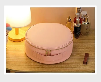 High quality LED cosmetic bag big storage round bag makeup bag organizer with mirror and light customize logo  3 color