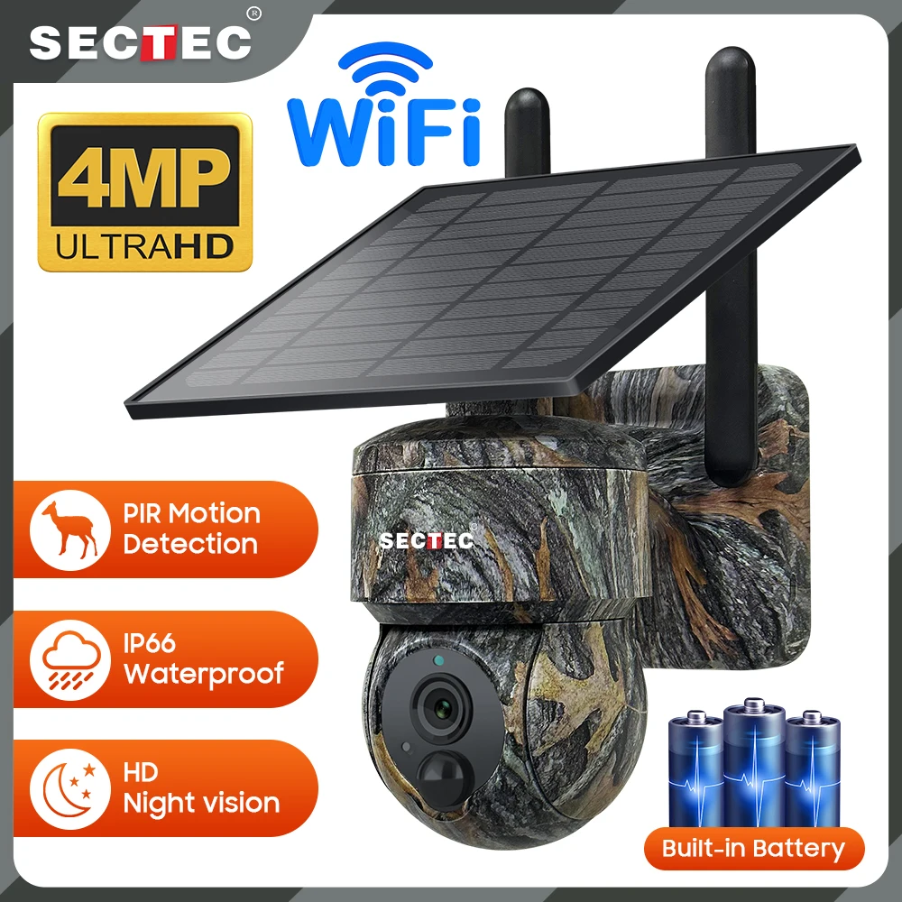 SECTEC Mini Size Outdoor 4MP 2K Wifi Camouflage Solar Battery Infrared Camera Auto Shoot Hunting Trail Security Solar Camera