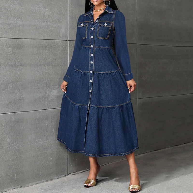 China Manufacturer Blue Denim Shirt Dress Long Sleeve Jeans Dresses Women  Ladies Jeans Dress