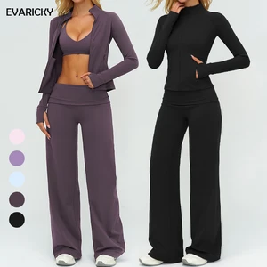 Evaricky Halter Neck Sports Bra Full Zip Sports Jacket Flared Yoga Leggings 3 Piece High Elasticity Gym Fitness Workout Sets