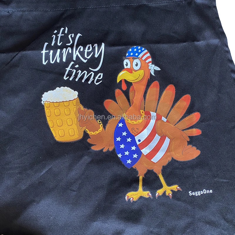 Custom Logo Polyester Kitchen Apron with Cotton Twill Waterproof Turkey Printing Chef Waist Apron Cafe Restaurants Cleaning Use