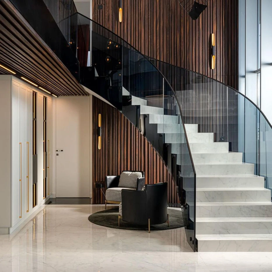 Natural Stone Curved Stairs Design  Glass Staircase Railing Tiles Tread White Panda Marble Stairs