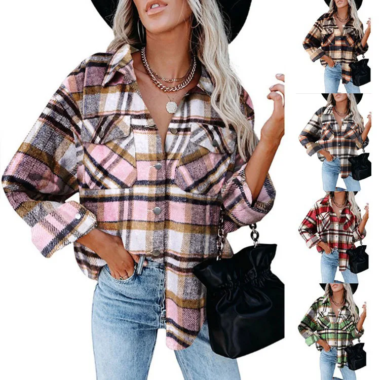 Wholesale New Arrivals Fashion Women's Casual Loose Fit Knitted Spring Plaid Flannel Shirts Breathable Long Sleeve