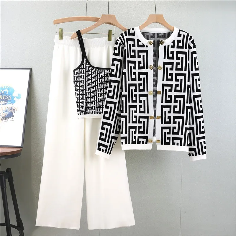 B4903  Autumn Basics 3-Piece Set Resort Wear Women Formal Top Knitted Cooperate Wears for Ladies Elegant