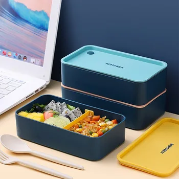 Kingpoo New Designed Eco Friendly Microwave Safe Plastic 2 Division Compartment Lunch Boxes With Cutlery For Kids School Office