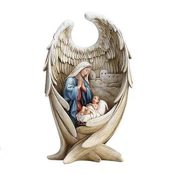 Resin Guardian Angel with Mother Mary and Baby Jesus Nativity Statue