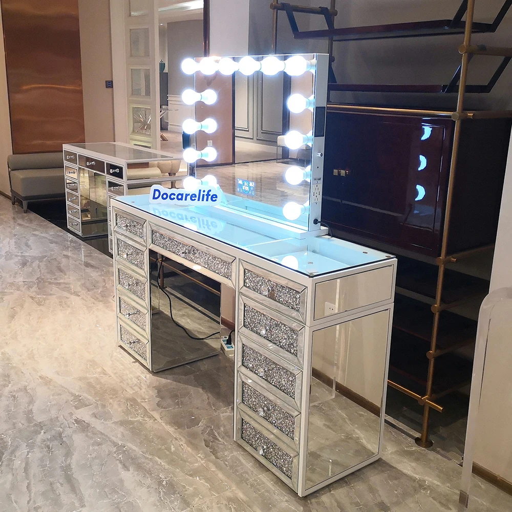 silver dressing table mirror with lights Laguna Silver Dressing Table With Lillia Black LED Mirror & Alaya Boucl Stool