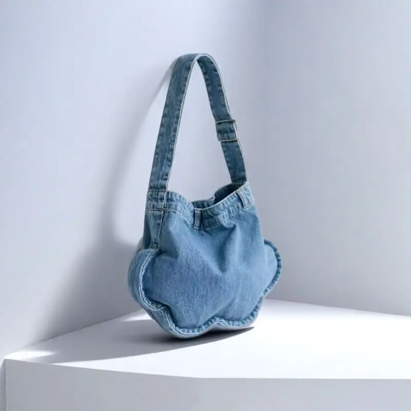Korean Custom Cute Flower Shaped Washed Denim Mobile Phone Shoulder Bag Leisure College Student Class Travel Shopping Handbag