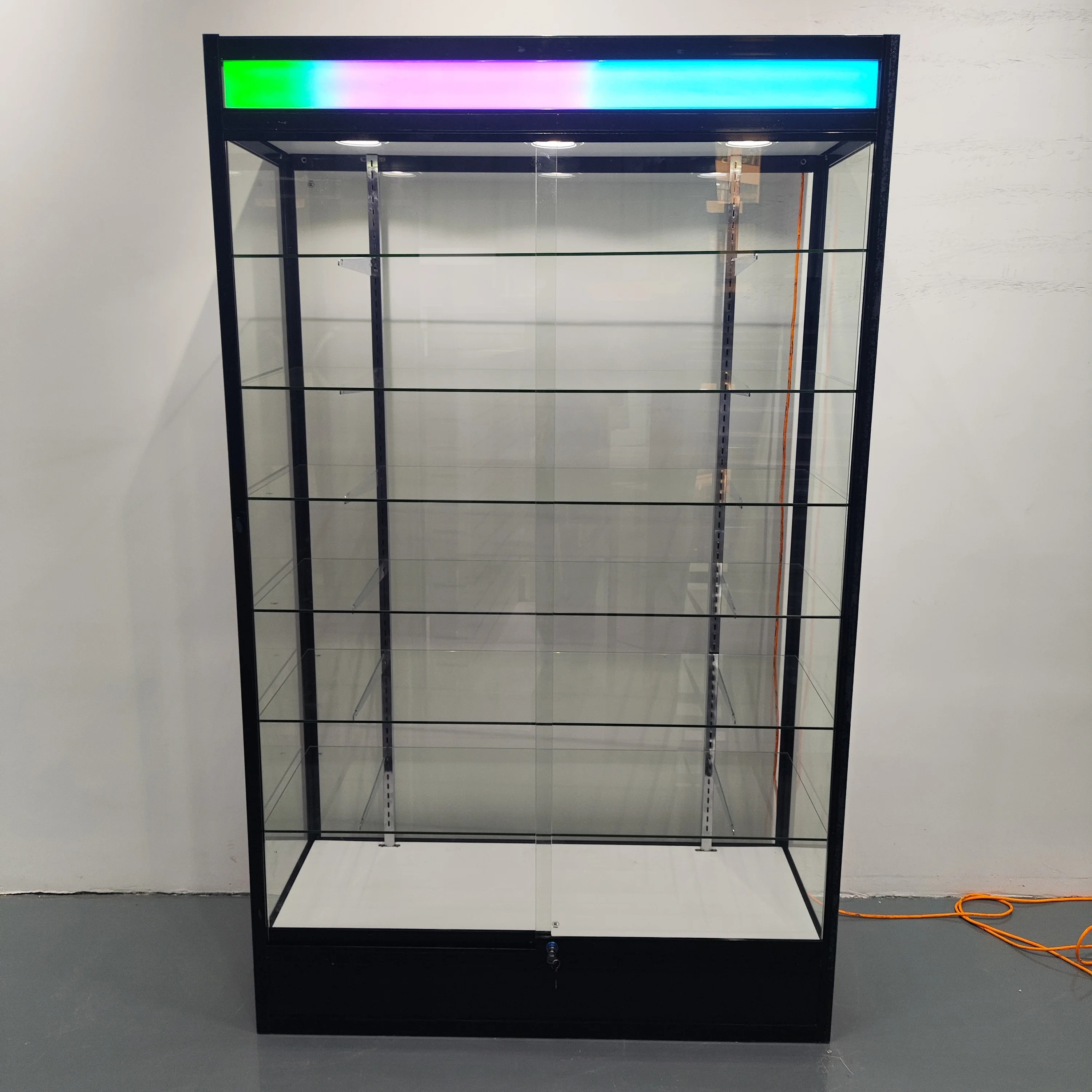 Custom Aluminum Framed Glass Showcase with Colourful Light Box Full Vision Glass Display Showcase for Shop Decoration