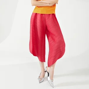 Miyake Women's High Waist Pleated Pants Large Size Summer Loose Casual Harem Pants With Elastic Waist Wide Leg Irregular Design