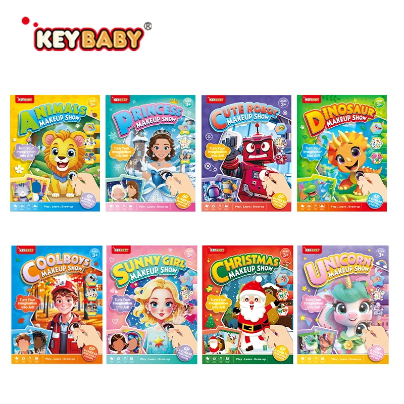 خدمة طباعة كتاب Keybaby حسب الطلب - كتاب تلوين بملصقات وجه عرض المكياج القابلة للتغيير مع أقلام تلوين