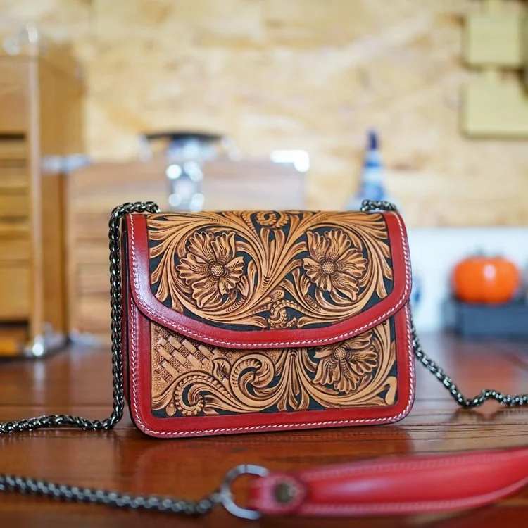 Western Style Real Leather Hand Tooled Carving Design Crossbody Bag