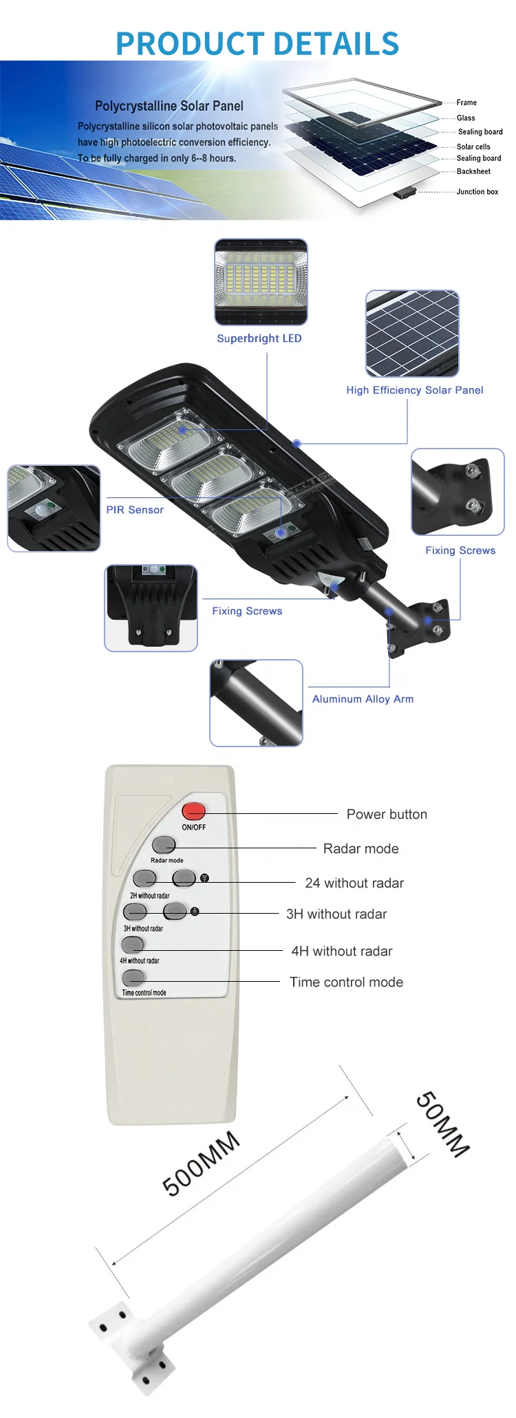 ABS IP65 LED Integrated Solar Street Light High Brightness 6-8m Radar Sensor 200 - 300w