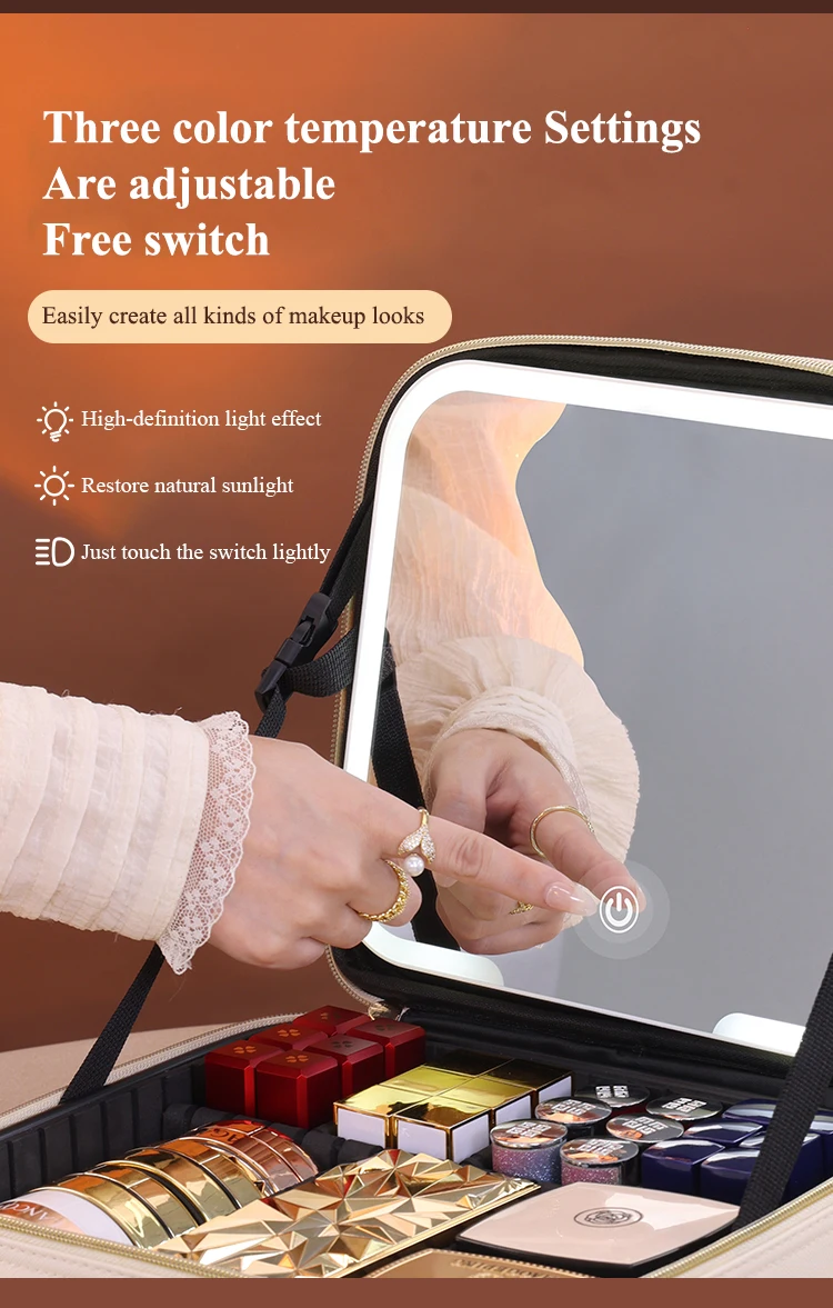 Travel Bags Box Led Light Large Capacity Makeup Case Storage Bag Waterproof PU Cosmetic Case with Led Lights and Mirror