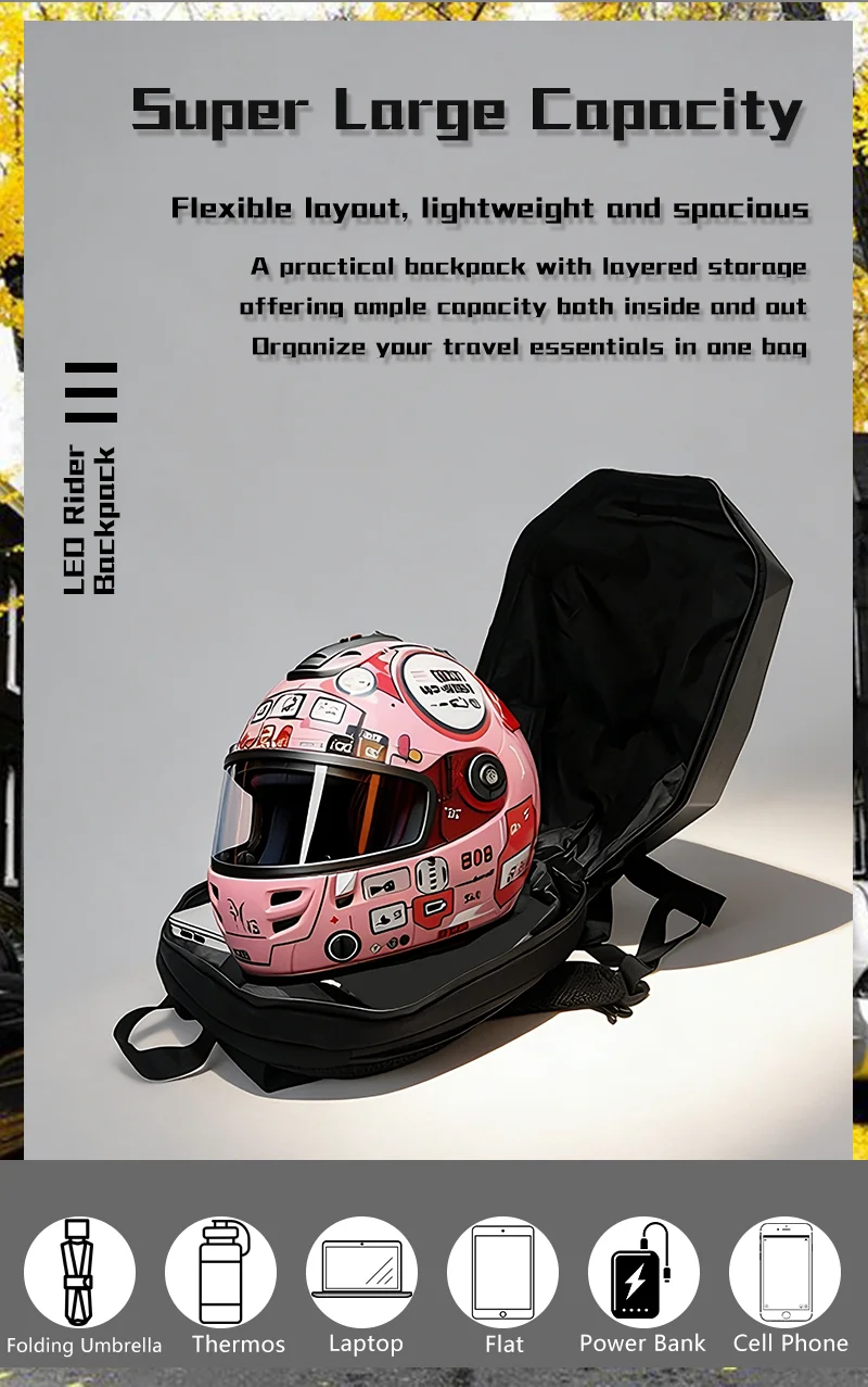Shell Riding Bag LED Backpack - Waterproof Hard Shell Motorcycle Riding Bag