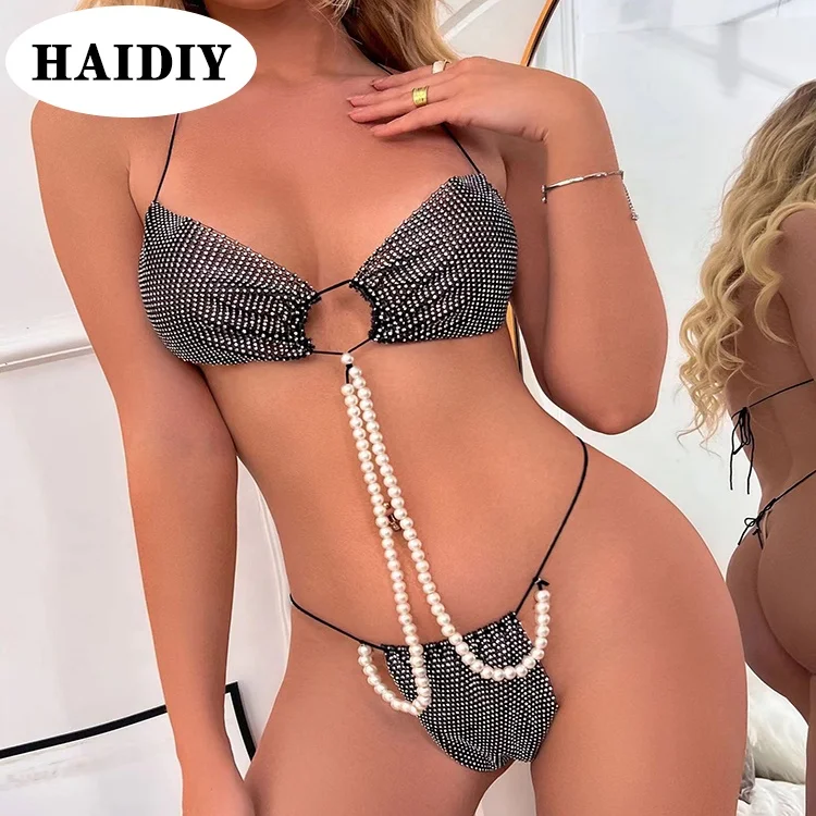 Custom New Sexy Pearl String Two Piece Bikini Monokini Bandeau Halter Cut Out Swimsuit Women High Cut Thong Swimwear