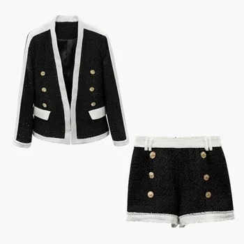 2021 new black and white patchwork bright silk tweed suit jacket and shorts suit 2 piece set women women's suits