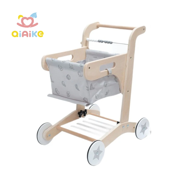 Fabrikdirekter OEM-Großhandel Baby-Kinderwagen aus Holz Supermarkt-Einkaufswagen Lernspielzeug für Kleinkinder Simulation Baby