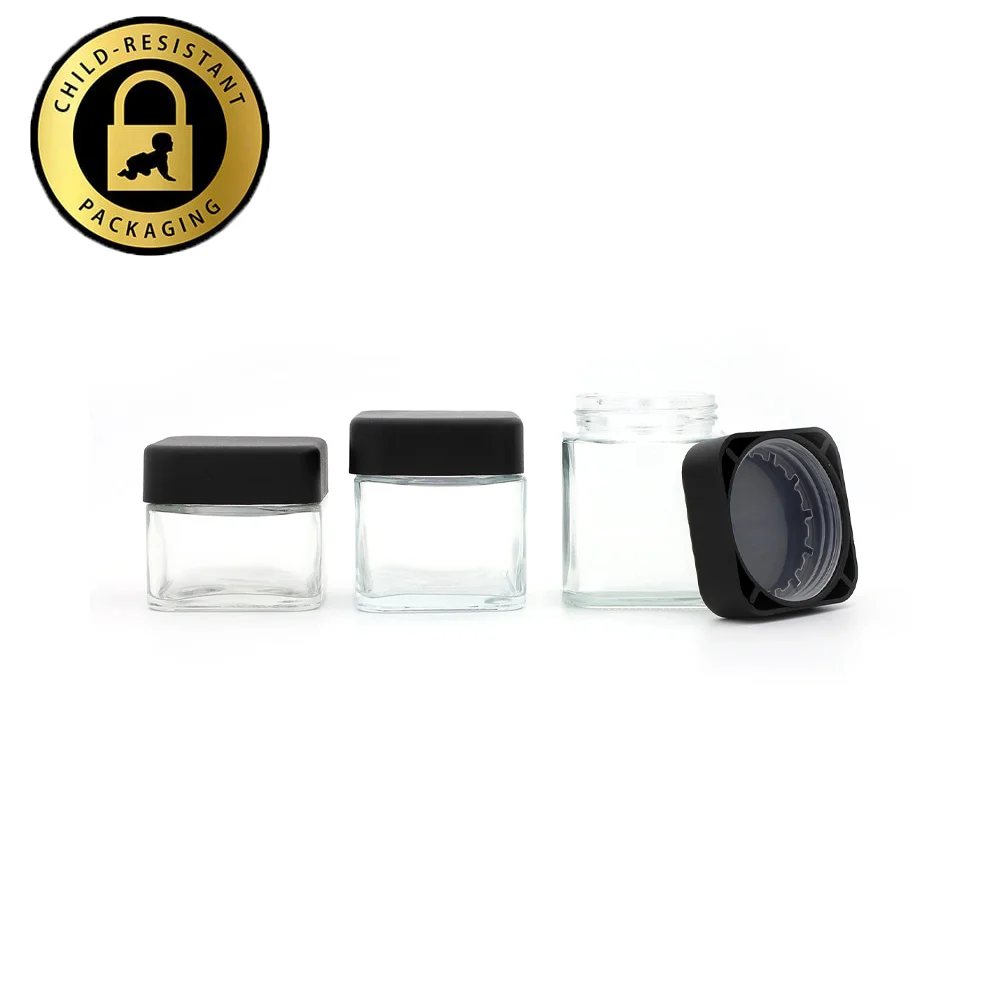 Custom Child Proof Square Glass Smell Proof Container Jar 2oz 3oz 4oz