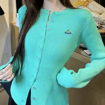 Women's Embroidered 100% Cotton Neck Cardigan Waist-Cinching Knitted Top Button Elegant Slim Versatile for Spring Leisure