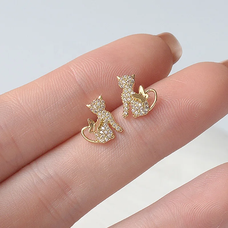 Fashion 14K Real Gold Cute Small Cat Stud Earrings Delicate Rhinestone  Jewelry Zircon Piercing Earrings for Women Gift