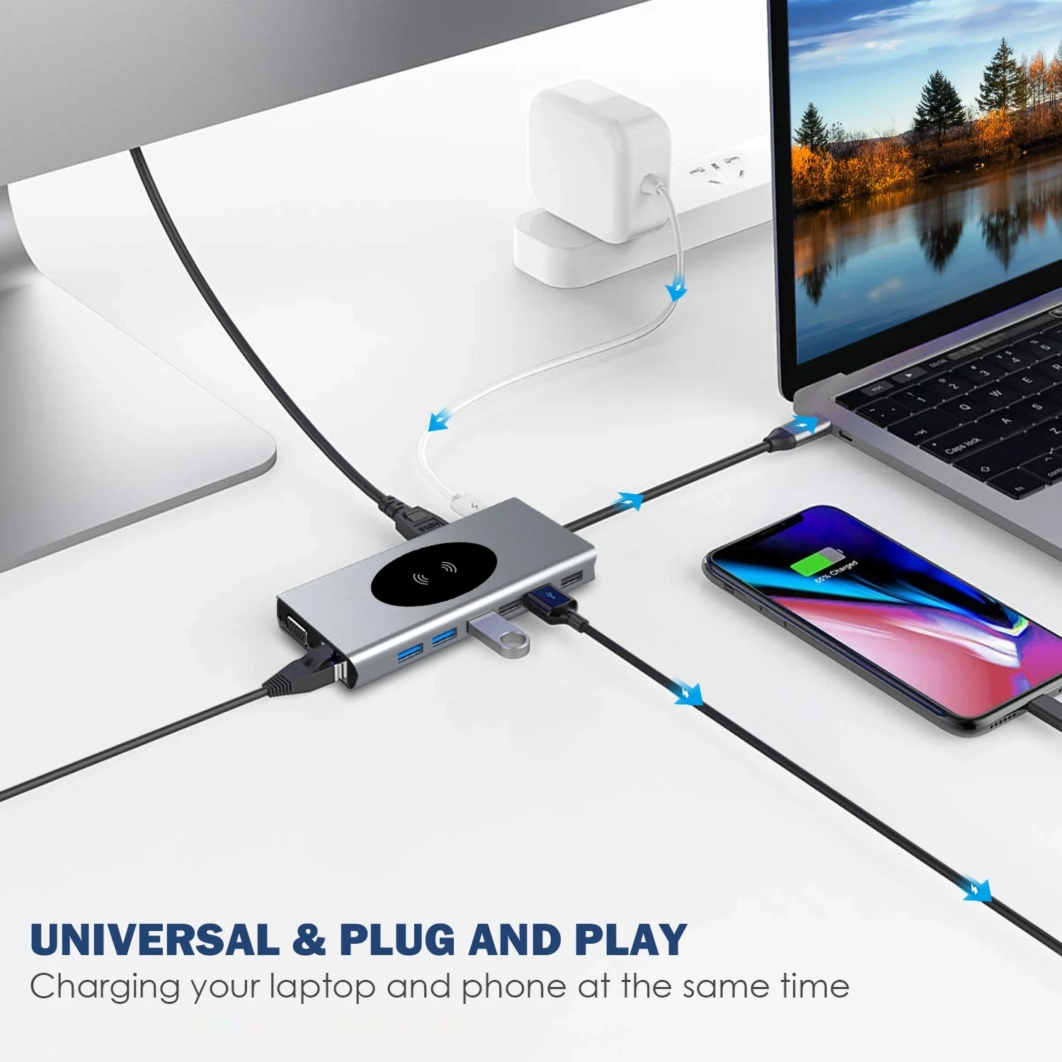 Type c Hub With Wireless Charging 10 in 1 13 in 115 Port Type-c Hub With HDMI Sd Tf Rj45 Audio 3.5 for Laptop 15-in-1 Usb-c Hub